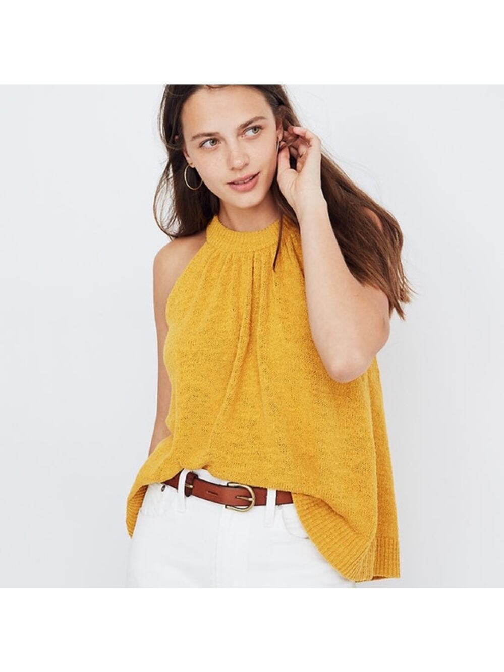 Madewell Top Gathered Sweater Tank Boho Spring Summer Mustard Yellow Size M